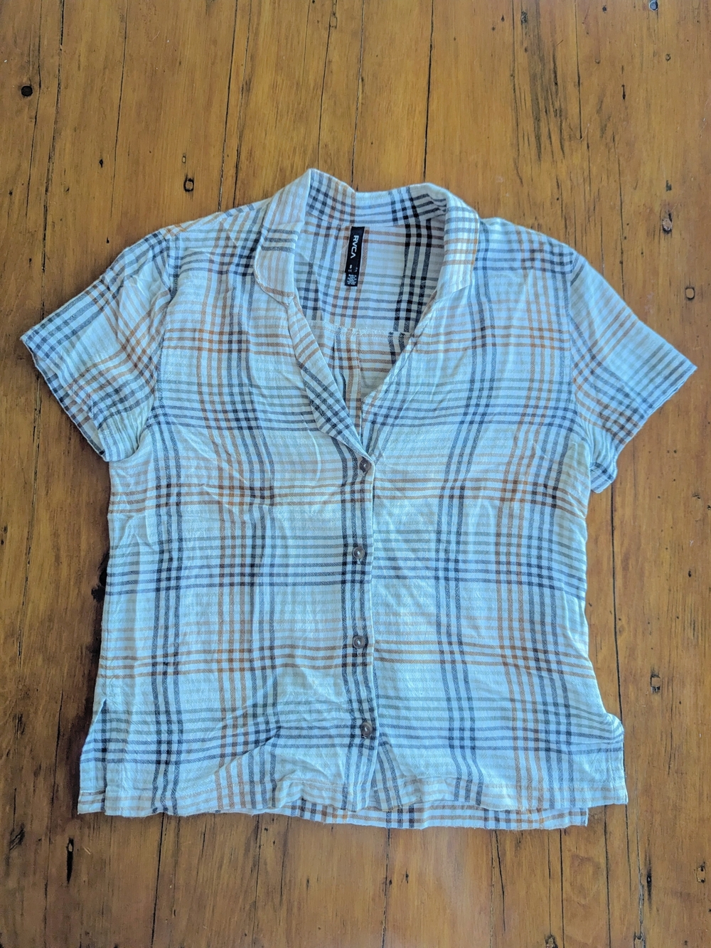 Light Blue Plaid Button-Front Short Sleeve Top